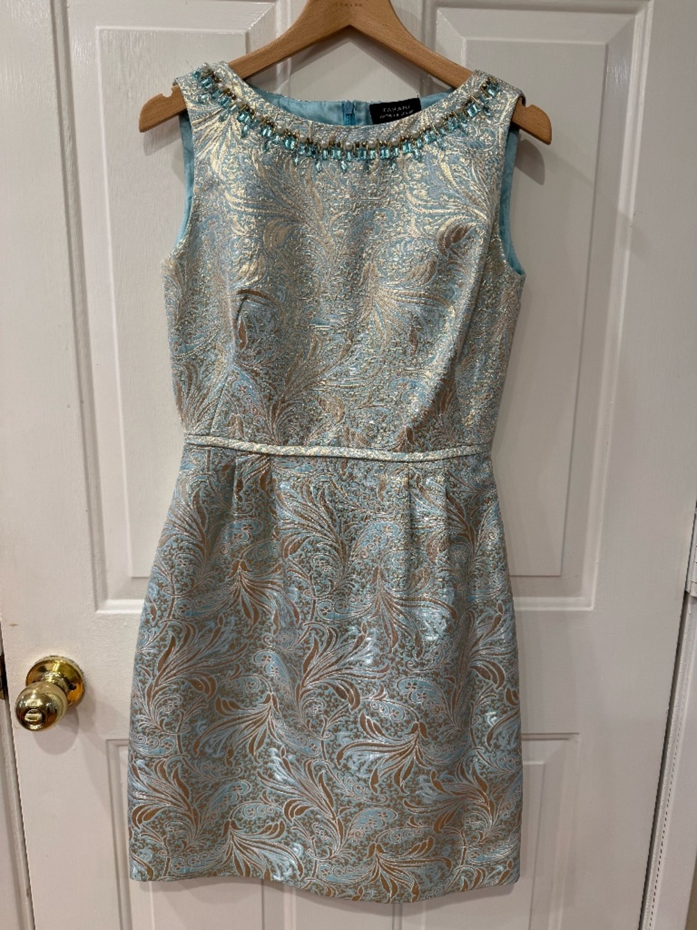 Tahari dress - beaded, light blue/gold metallic, size 4